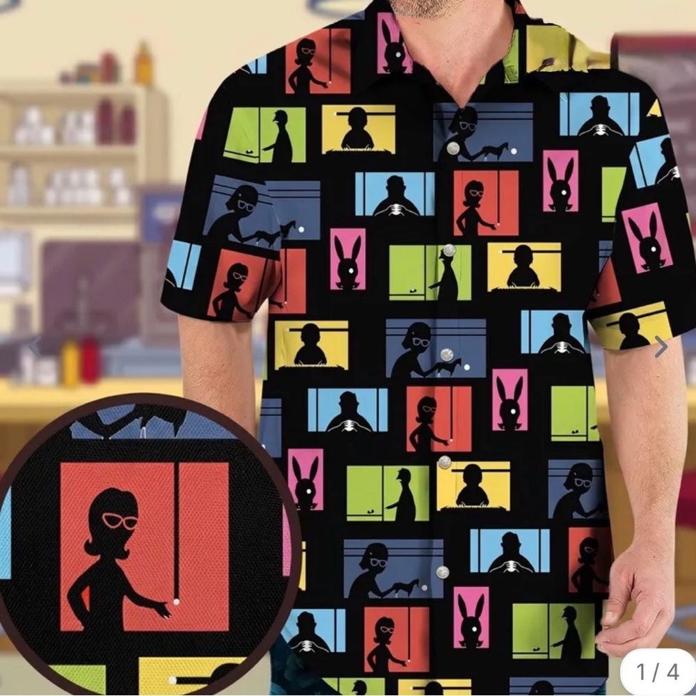 Bob’s Burgers Black Short-Sleeve Button Shirt with Color Block Silhouette Print